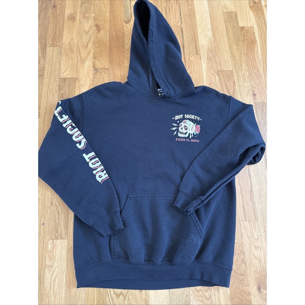 Men's Riot‎ Society Black Pullover Sweatshirt Hoodie "Fiesta Till Death"- Med